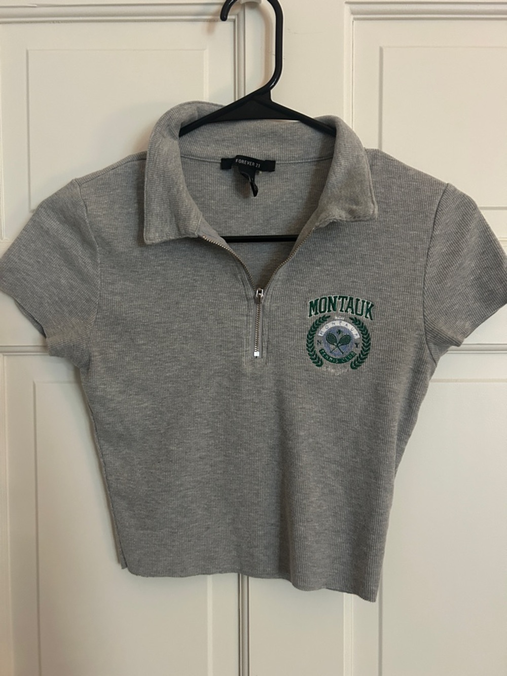Forever 21 Grey Cropped Zip Polo with Green Embroidery